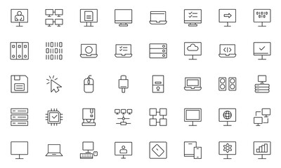 Computer components line icon set. Containing online, computer, network, website, server, web design, hardware, software and programming.
