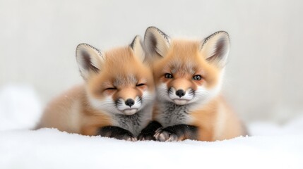Two adorable red fox kits cuddling close together on a soft white surface.