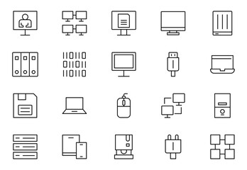 Computer components line icon set. Containing online, computer, network, website, server, web design, hardware, software and programming.
