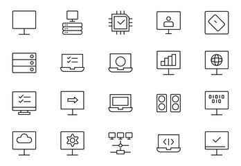 Computer components line icon set. Containing online, computer, network, website, server, web design, hardware, software and programming.