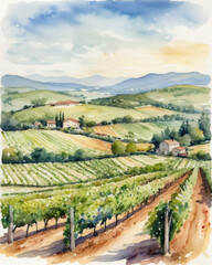 Breathtaking watercolor painting of rolling vineyards under a serene sky, capturing the essence of rural tranquility and natural beauty.