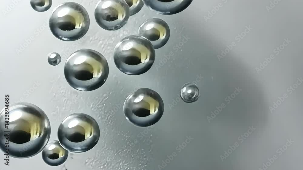 Poster spheres of various sizes gather in a captivating arrangement, showing reflections and creating a sen