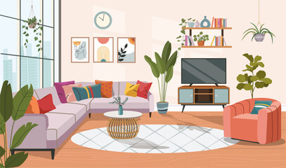 Living room interior. Vector flat  cartoon illustration