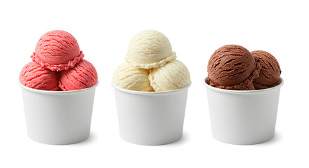 Strawberry, vanilla, chocolate different flavor ice cream scoops or balls in white blank cardboard cup template or mockup collection isolated on white background