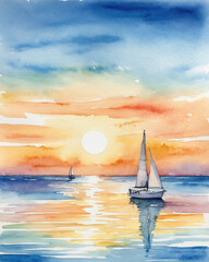 A serene watercolor painting of sailboats at sunset, capturing tranquil waters and vibrant sky colors.