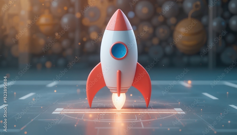 Poster rocket launch event space station 3d render futuristic environment close-up view exploration concept