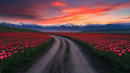 Fototapeta premium Sunrise over red tulip field, mountain backdrop, rural road