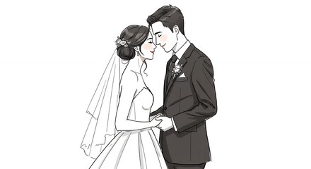 Fototapeta premium Elegant wedding couple line art illustration romantic intimate portrait