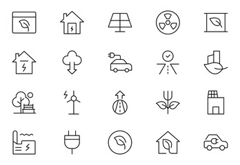 Green city Line icon set. Sustainable development. Contains such icons as renewable energy, autonomous building, air and water quality.