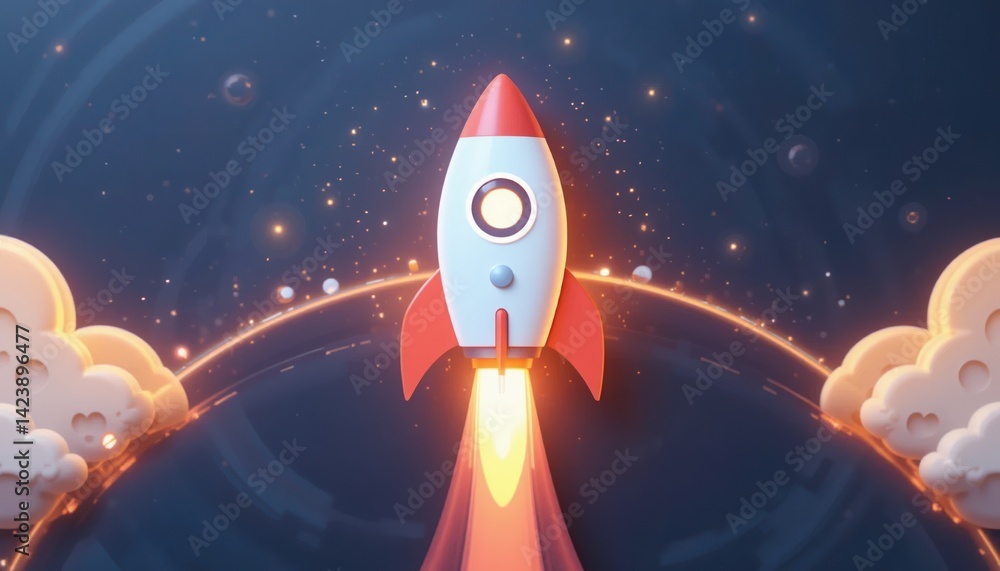 Poster rocket launching into space digital illustration futuristic concept cloudy background outer space vi