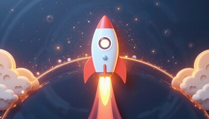 Rocket launching into space digital illustration futuristic concept cloudy background outer space view exploration theme