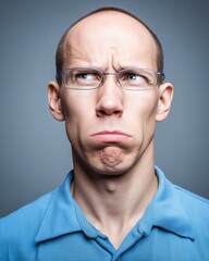 A young man with glasses making a humorous expression against a gray background.