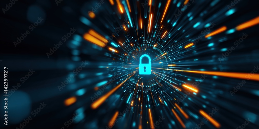 Poster a digital representation of a lock surrounded by vibrant, fast-moving light streams, symbolizing cyb