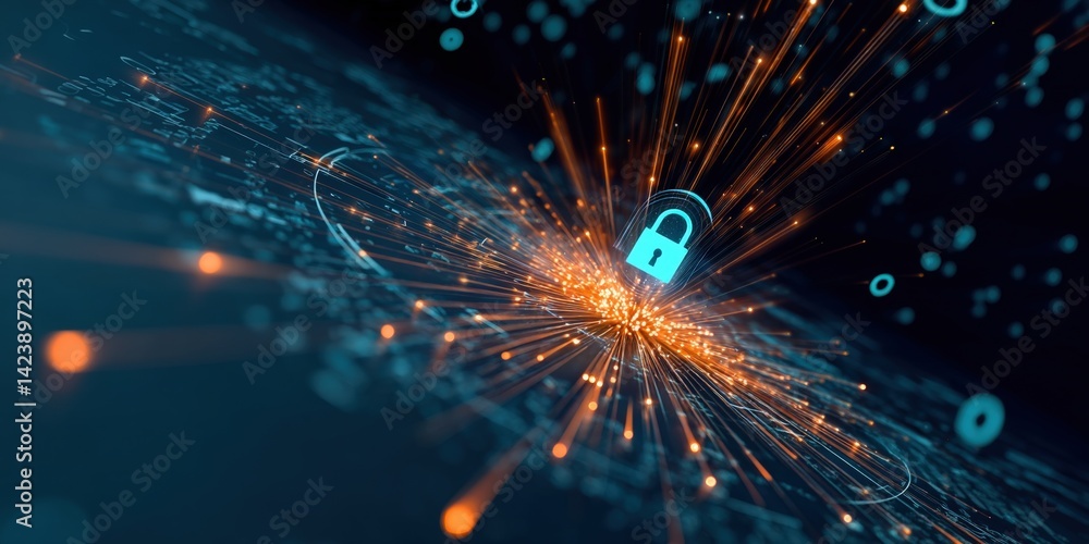 Poster a digital representation of cybersecurity, featuring a lock symbol with radiant sparks, signifying p