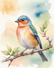 A vibrant watercolor of a perched bird surrounded by soft, colorful splashes, showcasing nature's beauty and elegance.