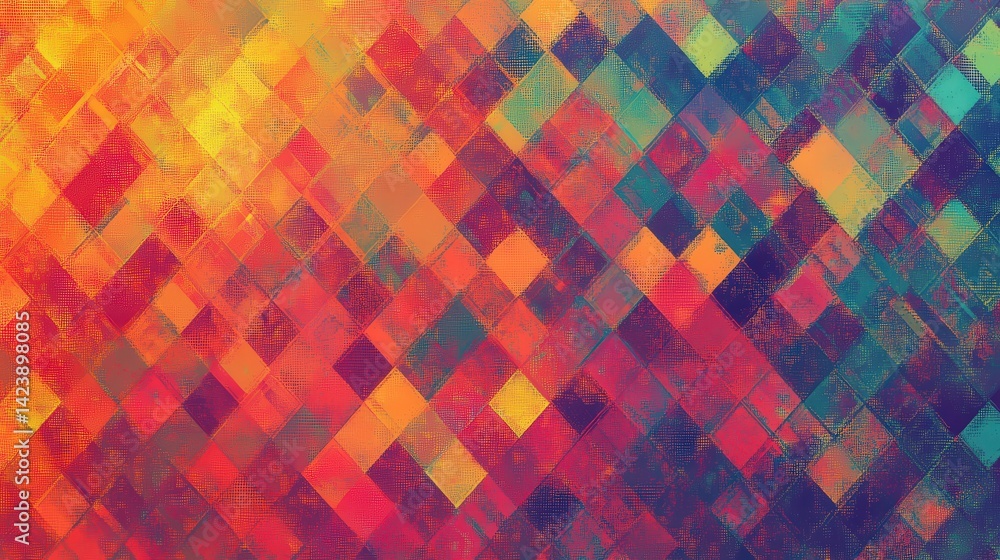 Poster a colorful halftone pixel geometric tile pattern with intricate shapes and seamless transitions, evo