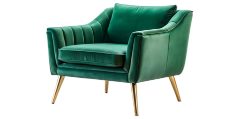 A chic, velvet accent chair in a deep emerald green color isolated on transparent background.PNG