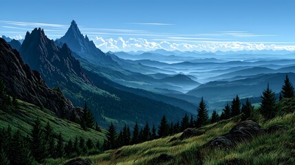 Obraz premium Majestic mountain range stretches across a vast valley.
