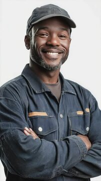 Smiling Worker Portrait: A cheerful worker, embodying reliability and expertise, exudes warmth and confidence, perfectly suited for service-oriented and professional imagery.