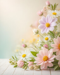 A vibrant arrangement of wildflowers including daisies and cosmos, showcasing their delicate beauty against a soft pastel background.