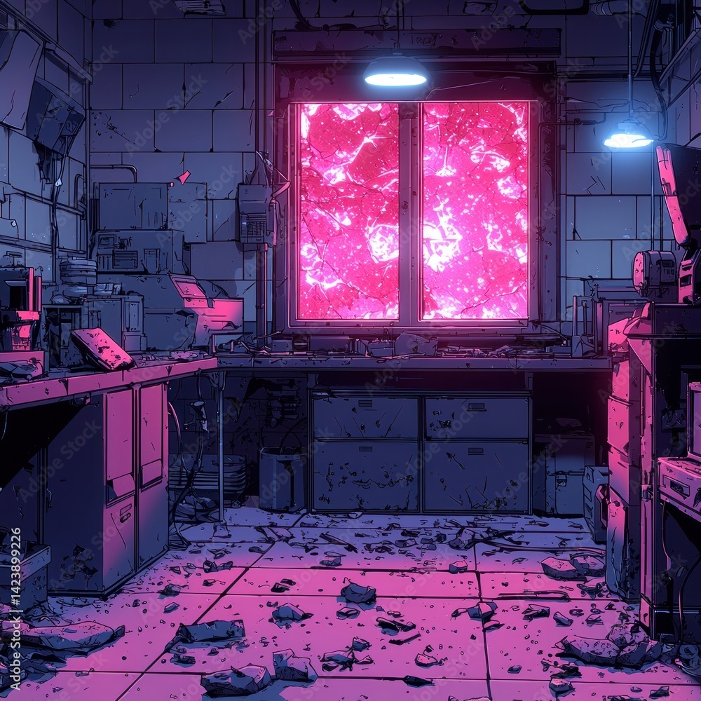 Poster abstract laboratory in disarray with a vibrant magenta light source glowing