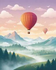 Fototapeta premium Serene landscape with colorful hot air balloons floating over majestic mountains and lush forests, under a pastel sky.