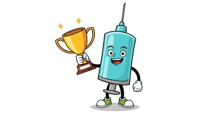 Happy syringe cartoon character holding a trophy success achievement healthcare