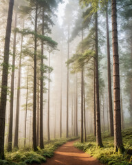 A serene forest scene featuring tall trees shrouded in mist, creating a peaceful atmosphere for exploration and reflection.