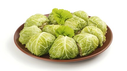 a plate of stuffed cabbage with savory meat and rice filling, neatly arranged on a white background, ideal for food bloggers and culinary visuals