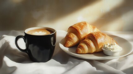 A comforting morning scene with black coffee and flaky croissants, served with a small dish of cream cheese