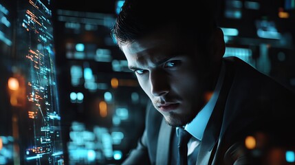 Serious Businessman Intense Focus Digital Data Screen Technology Futuristic Interface Modern Professional Dark Background Nighttime Corporate Executive Analyzing Information Cyber Security Expert High