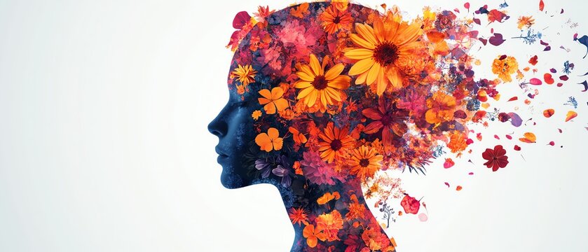 World Mental Health Day visual, minimalist human head silhouette with vibrant floral explosion from open mind, symbol of healing, clarity, and emotional wellbeing, white background