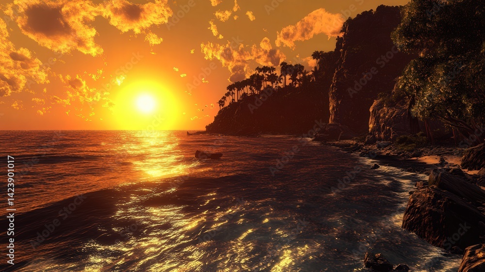 Poster the ocean, where the golden light of the sun transforms the waves into sparkling treasures, creating