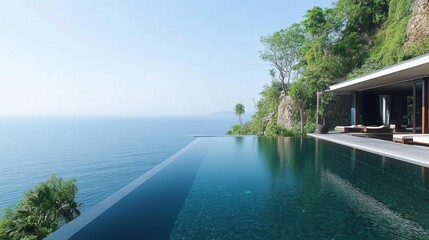 the edge of a steep cliff features an infinity pool that connects seamlessly with the horizon, offering awe-inspiring sea views.