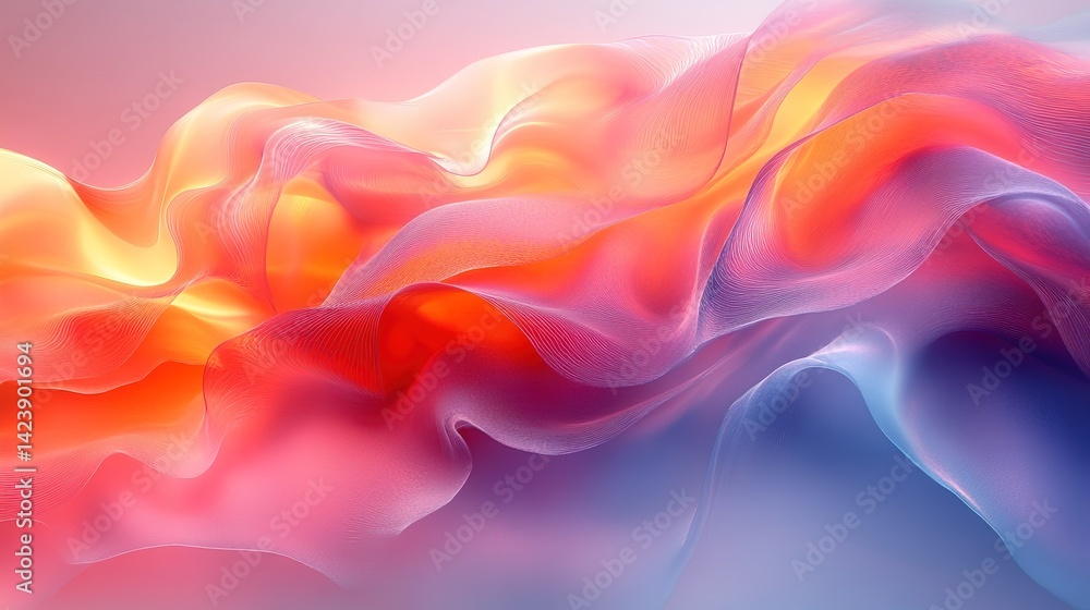 Poster abstract flowing fabric in vibrant hues. soft, fluid, translucent forms blend seamlessly in a dynami