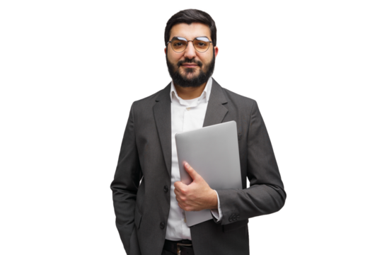 Confident Professional in Elegant Suit Holding Laptop, Showcasing Determination and Modernity in Workspace Setting