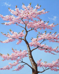 Fototapeta premium A vibrant cherry blossom tree in full bloom against a clear blue sky, showcasing delicate pink flowers and a sturdy trunk.