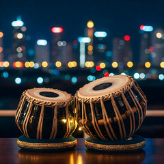 beautiful black and golden tabla on night city background