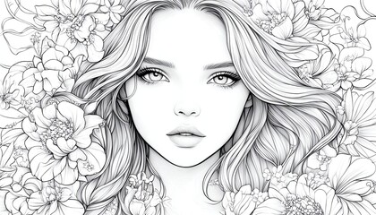 Fototapeta premium Intricate line art of a woman surrounded by flowers.