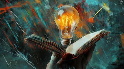 a light bulb with a book resting on its top, supported by a hand, and framed by dynamic lines and textures on a transparent background