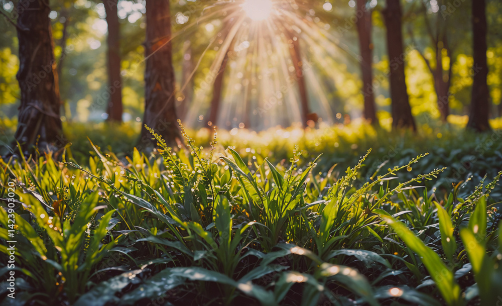 Poster forest with a bright sun shining through the trees. the sun is casting a warm glow on the grass and 