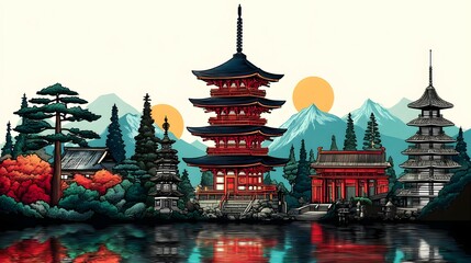 Fototapeta premium Japanese pagodas and temples by a serene lake.