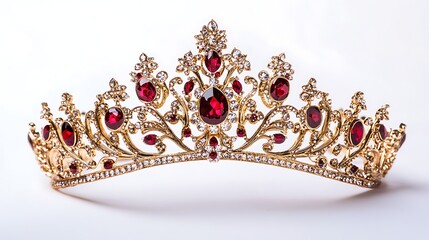 luxury gold crown with red accents and jewels isolated on a white background perfect for royal coronation imagery, regal fashion, and sophisticated luxury visuals