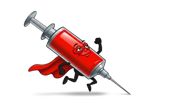 Superhero syringe cartoon illustration medical healthcare vaccine