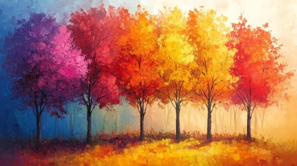 A Colorful autumn trees field acrylic painting showing warm and inviting landscape scene