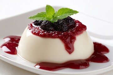 delectable dessert with smooth creamy texture topped with vibrant red sauce and sprig of mint  isolated on white background