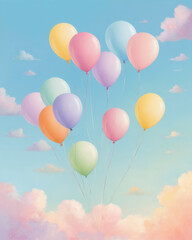 Naklejka premium A dreamy sky filled with colorful balloons drifting among soft clouds. Perfect for celebrating joy and happiness.
