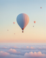 Naklejka premium A serene sunrise sky featuring multiple hot air balloons floating gracefully above soft clouds.