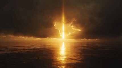 Intense golden beam of light illuminating ocean from dramatic storm clouds