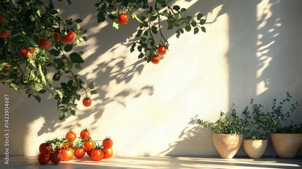 Poster a subtle play of light and shadow is created as tomatoes cast their vibrant shadows on the white wal